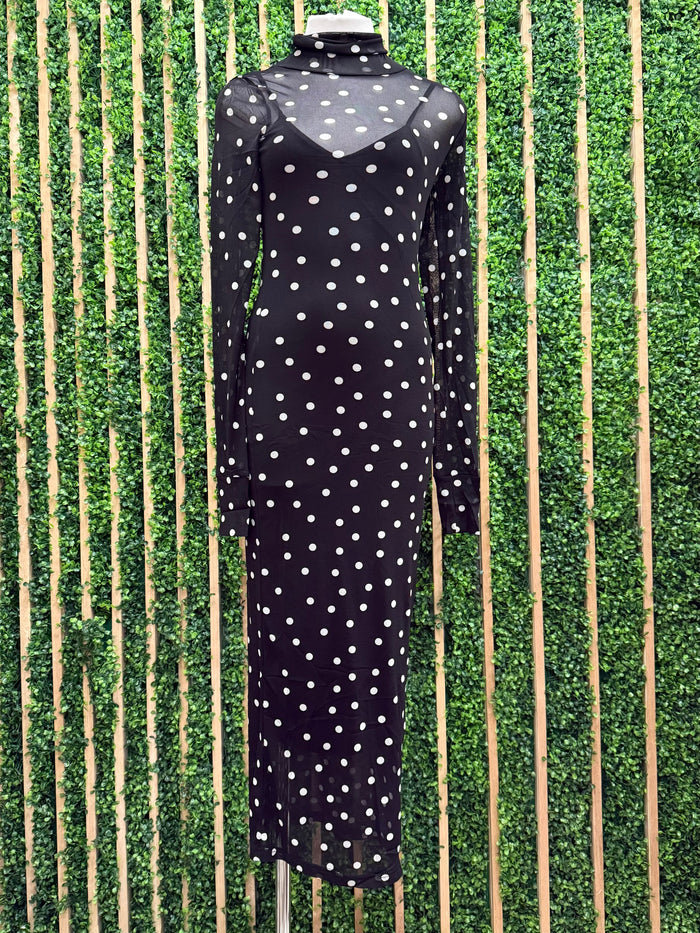 Black Polka Dot High Neck Mesh Midi Dress