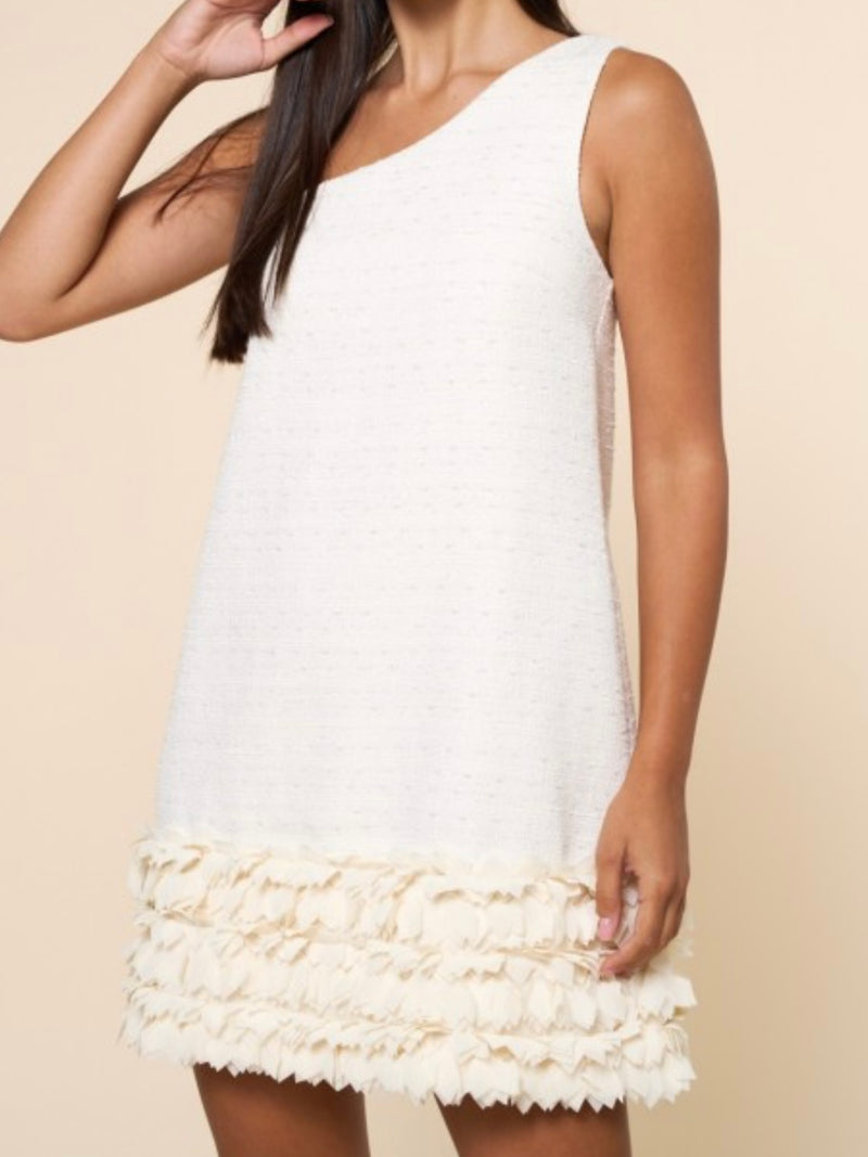 Beautiful Circle Trim Ivory Tweed One Shoulder Dress