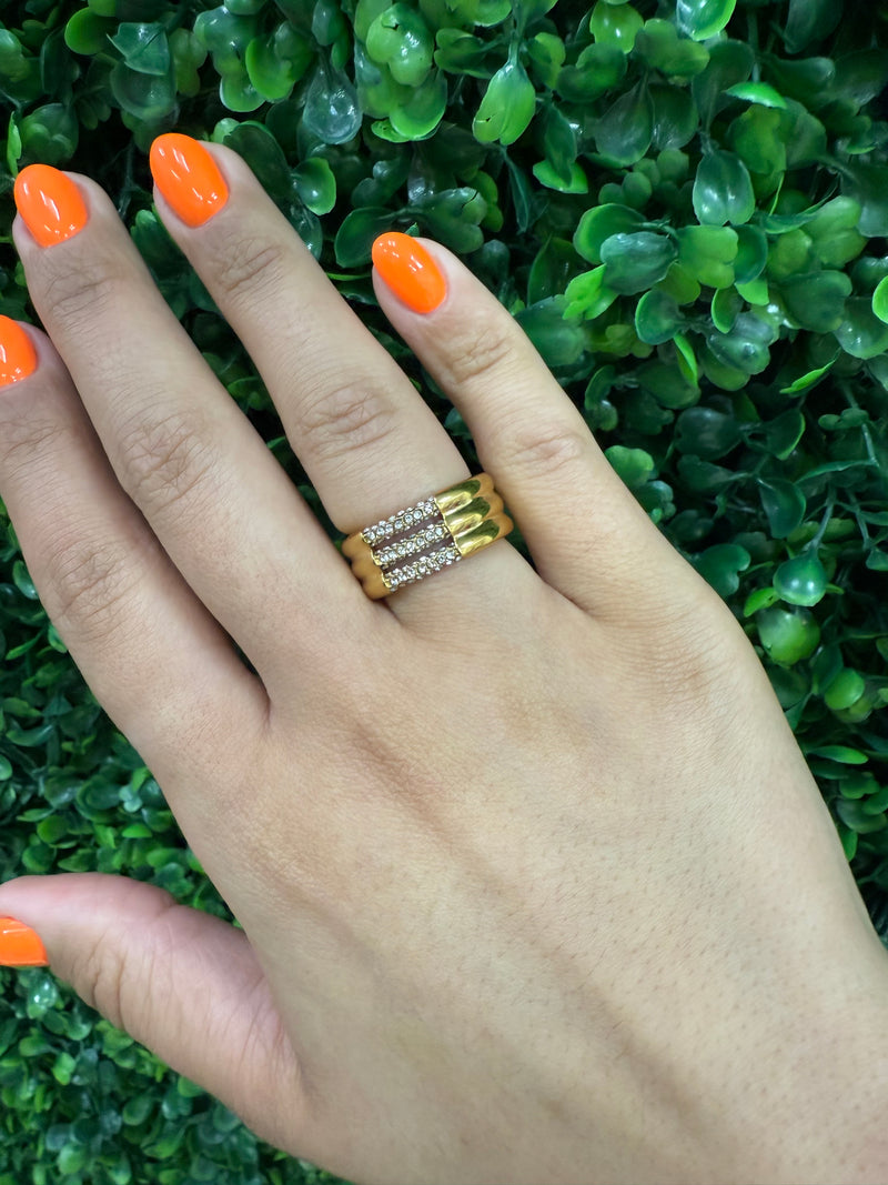 Stainless Steel Crystal Triple Line Ring