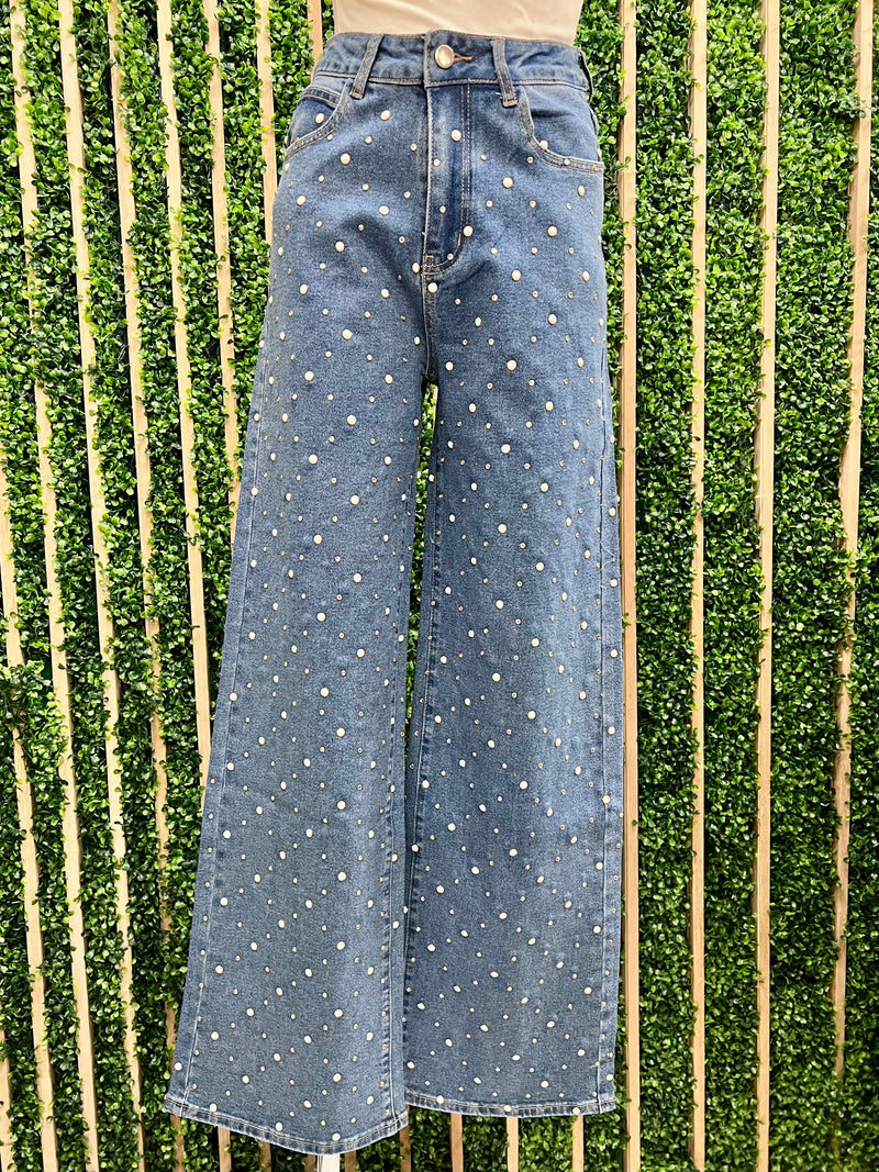 Pearl Studs Detail Wide Leg Denim