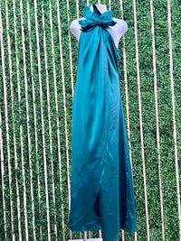 Beautiful Green Satin Floral Wrap Maxi Dress