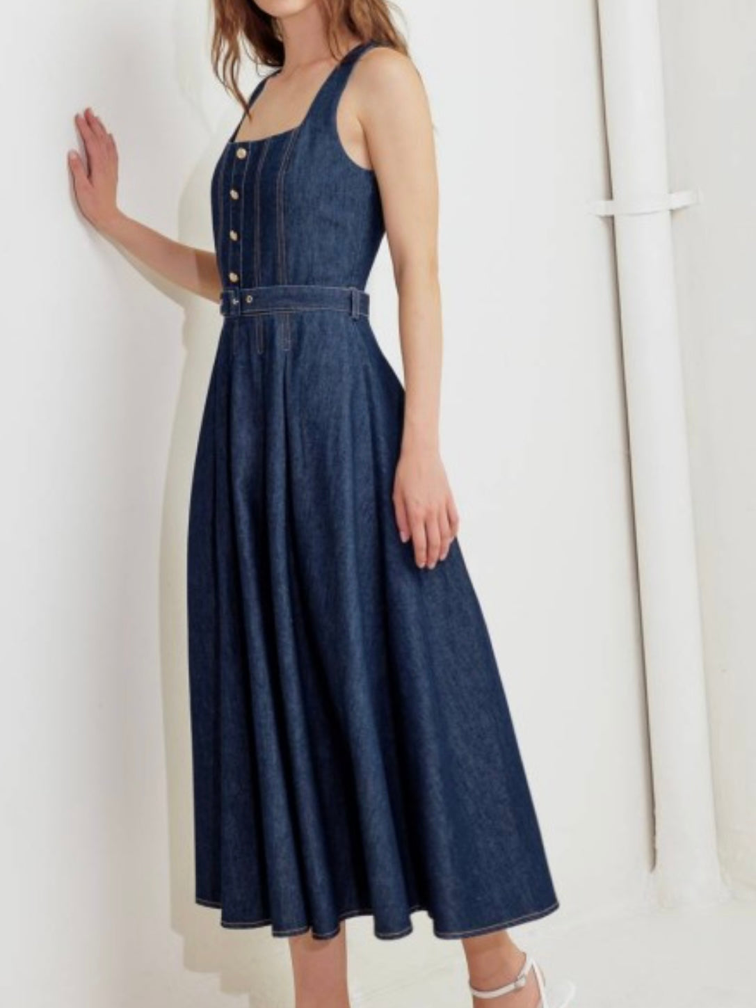 Dark Denim Square Neck Fitted Midi Dress