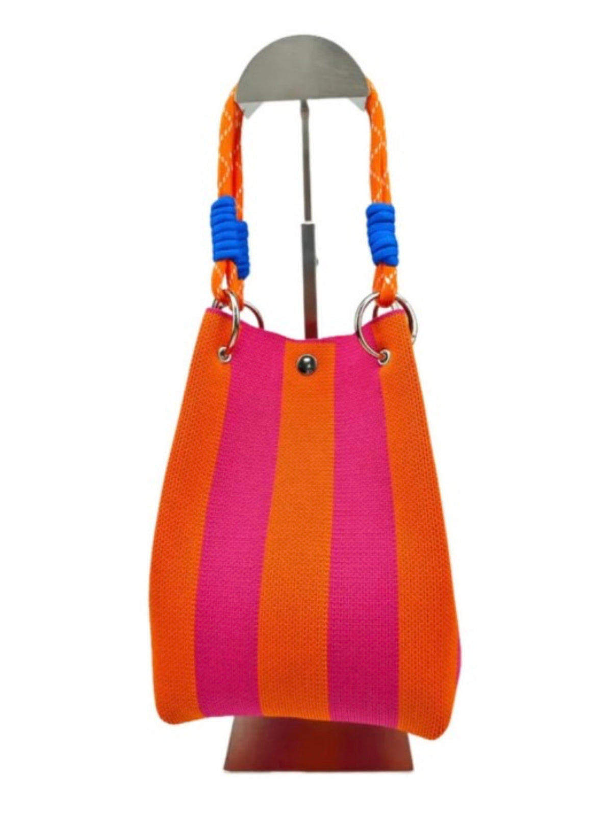 Striped Ring Clasp Woven Bucket Bag