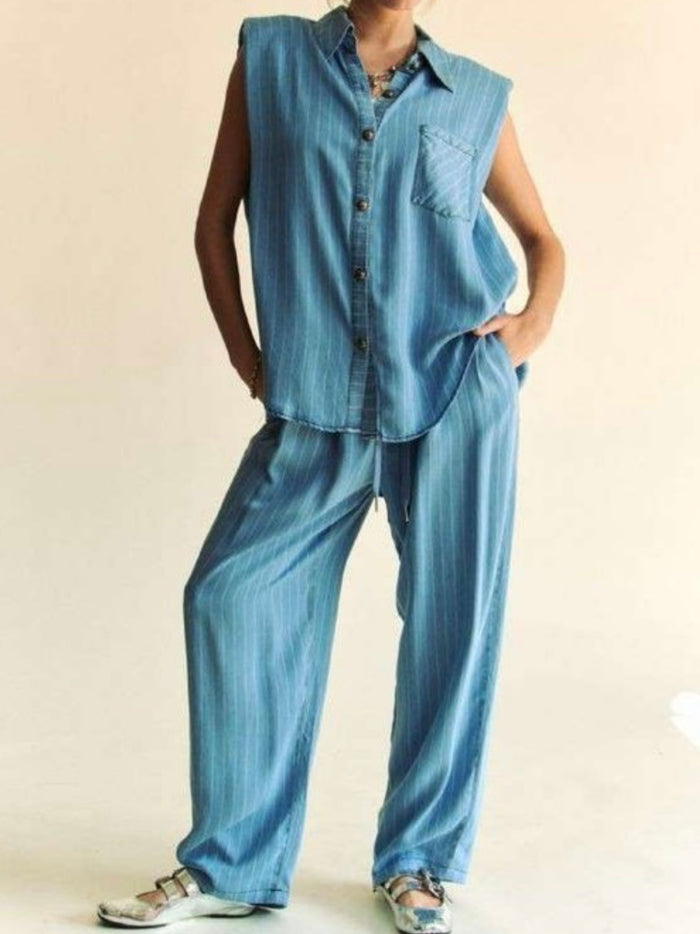 Stripe Muscle Sleeve Denim blouse