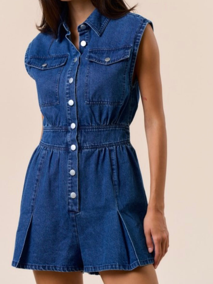 Sleeveless Collared Denim Romper