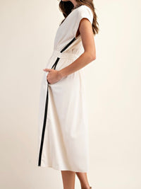 Black Piping Detail V neck Ivory Midi Dress