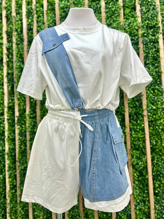 Denim Detail White Short Pant Set