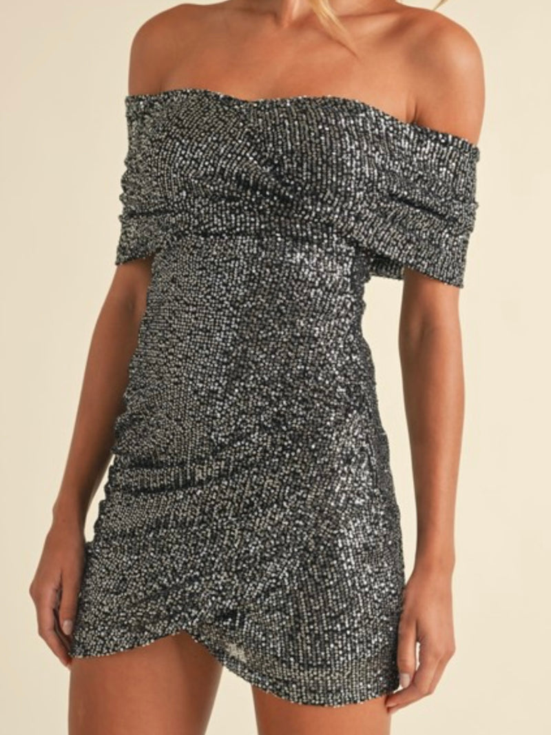 Black Silver Sequin Foldover Soulder Short Dress