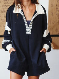 French Terry Black Cream Collared Loose Fit Romper