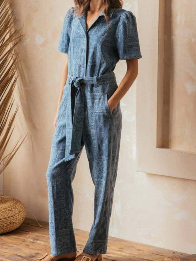 Bandana Denim Collared Jumpsuit