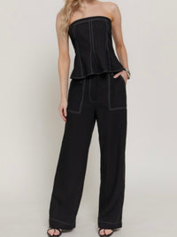 Black Contrast Stitch Wide-Leg Pants