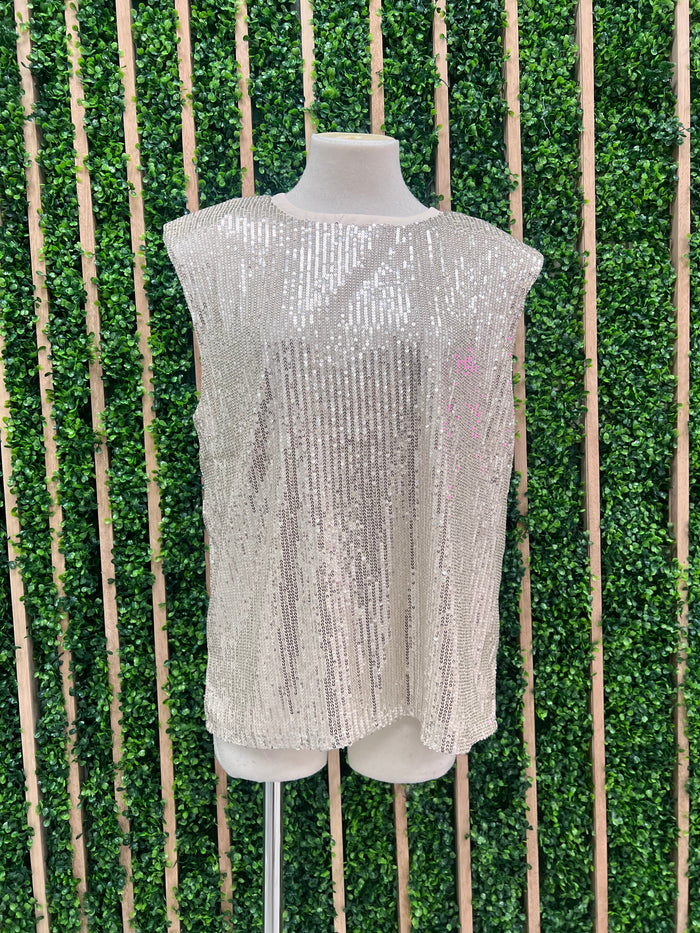 Ivory Silver Sequin Short Sleeve Top