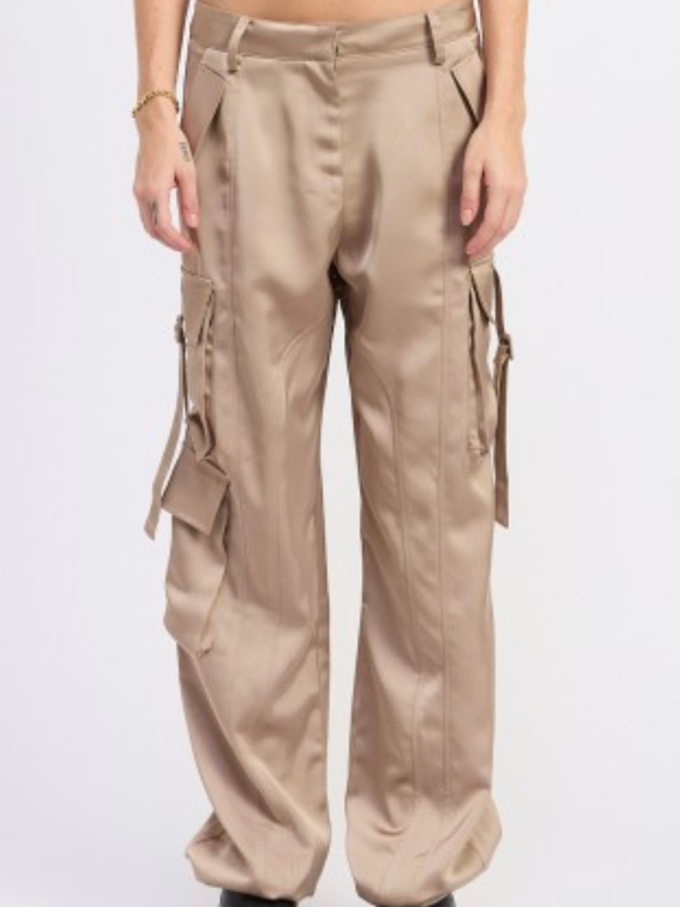 Taupe Satin Cargo Pants with Utility Pockets