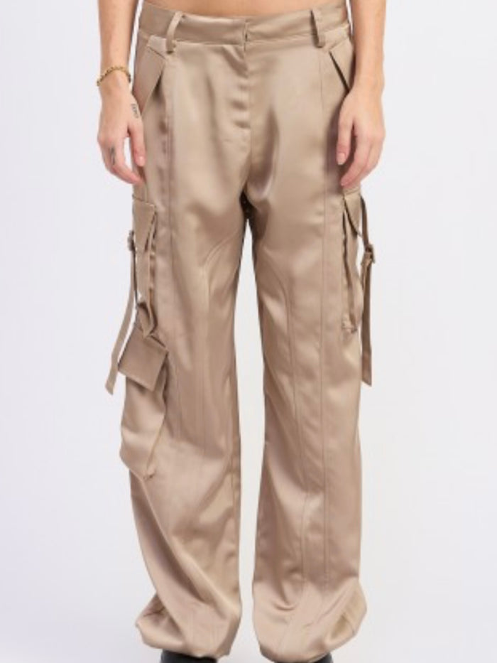 Taupe Satin Cargo Pants with Utility Pockets