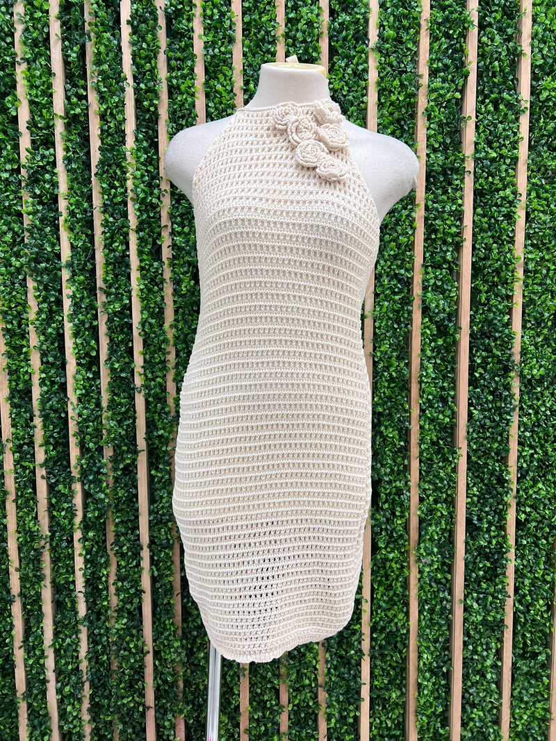 Beige Flower Detail Halter Crochet Dress