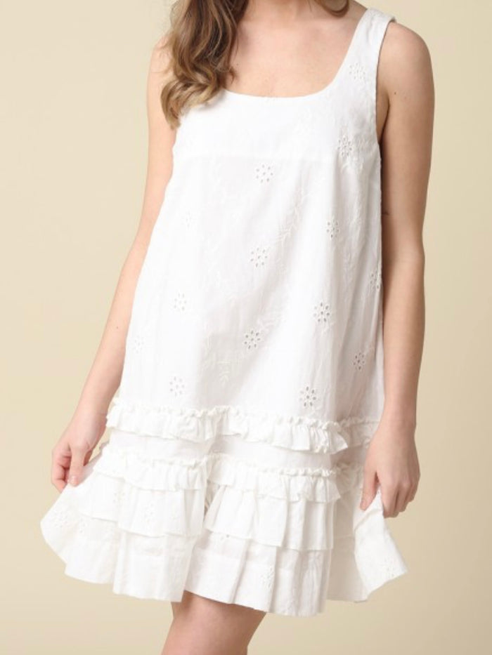 White Eyelet Ruffled A Line Short Dress