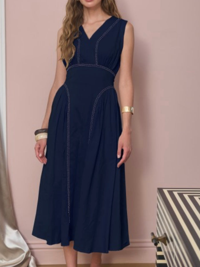 Beautiful Dark Navy  Contrast Stitch Midi Dress