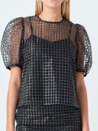 Black Sequin Organza Mesh Blouse