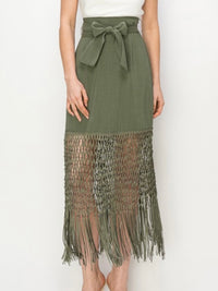 Fringed Hem High Waist Midi Skirt