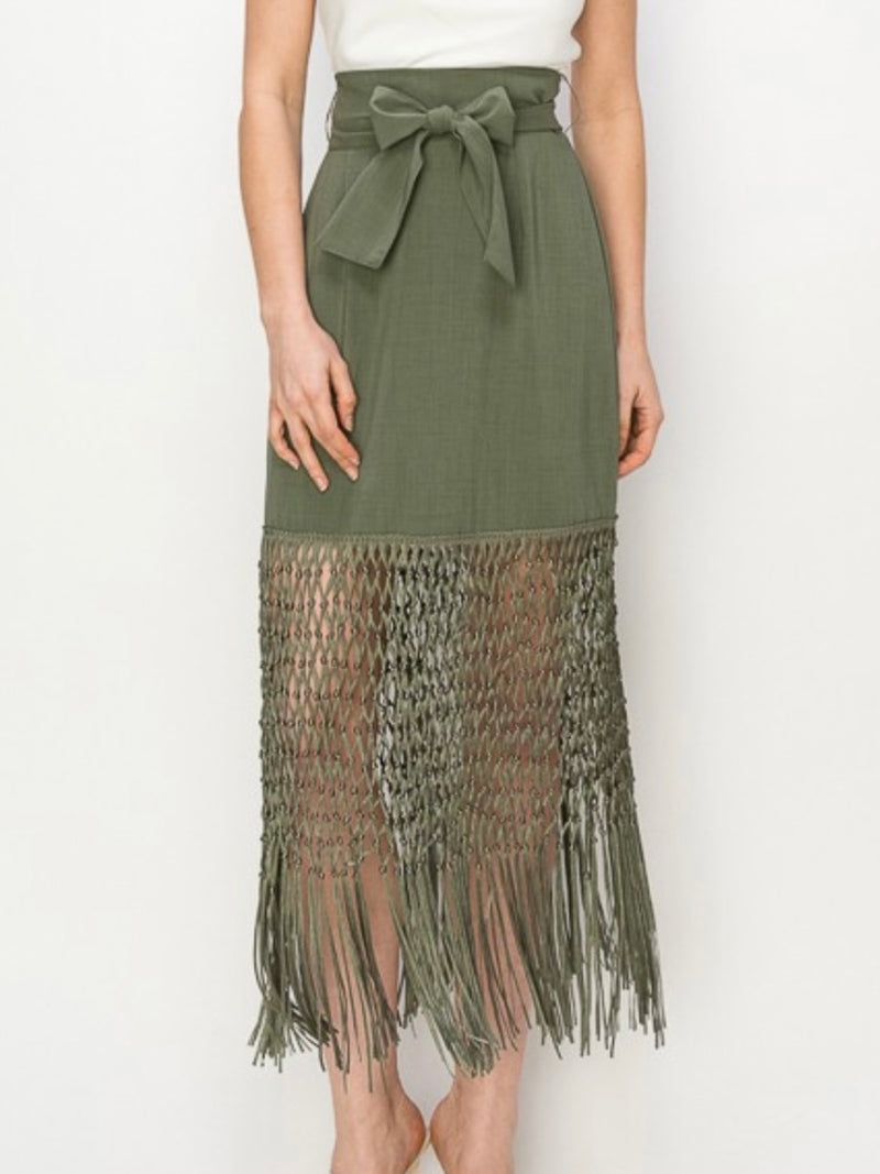 Fringed Hem High Waist Midi Skirt