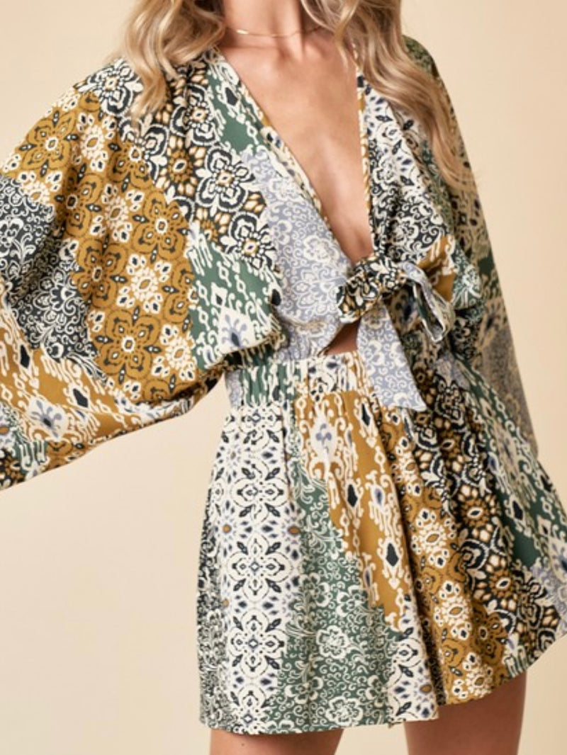 Green Print Batwig Sleeve Romper