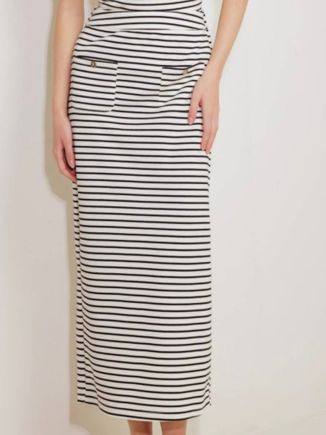 Ivory Black Striped Midi Skirt