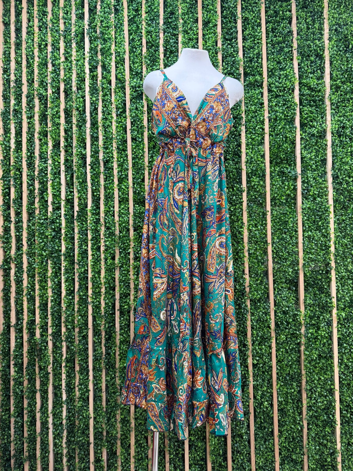 Paisley Bottom Ruffled Halter Waist Tie Maxi Dress