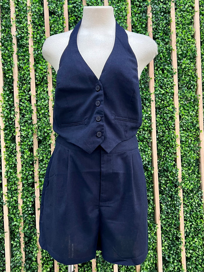 Navy Halter Cutout Vest Romper
