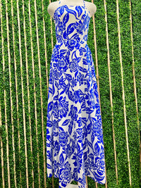 Ivory Blue Floral Square Neck Maxi Dress