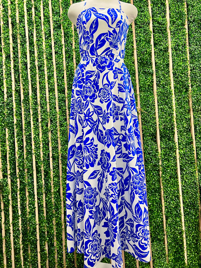 Ivory Blue Floral Square Neck Maxi Dress