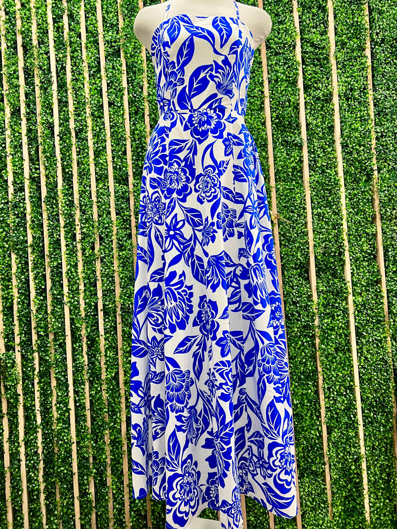 Ivory Blue Floral Square Neck Maxi Dress