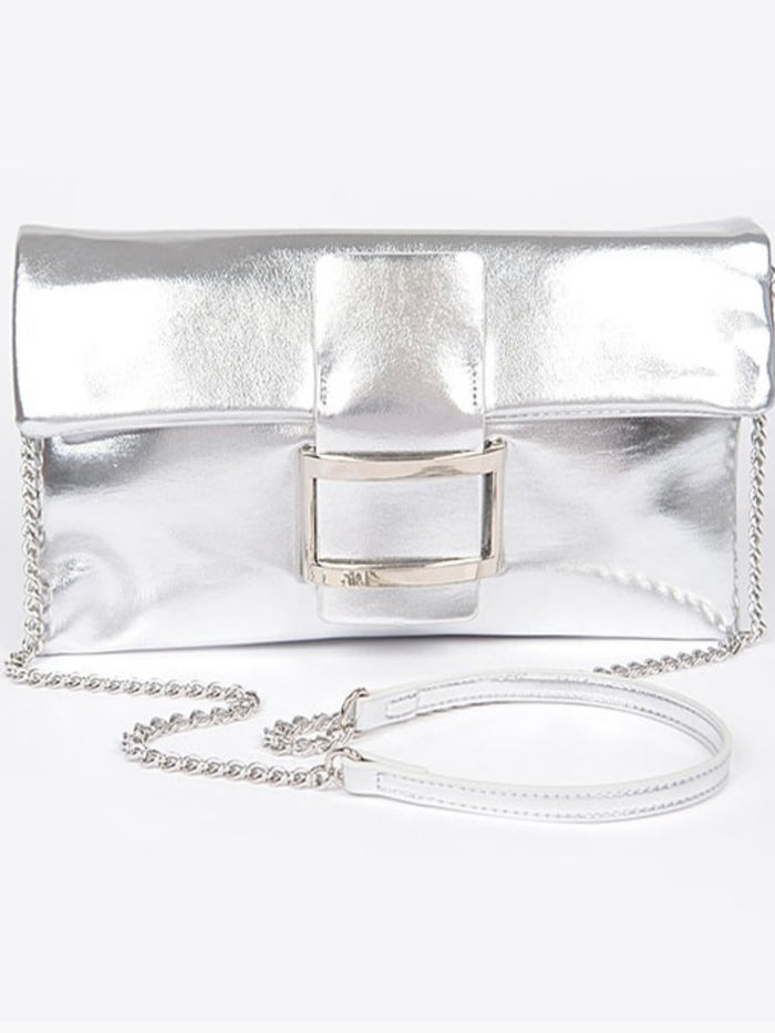 Buckle Detail Metallic Clutch