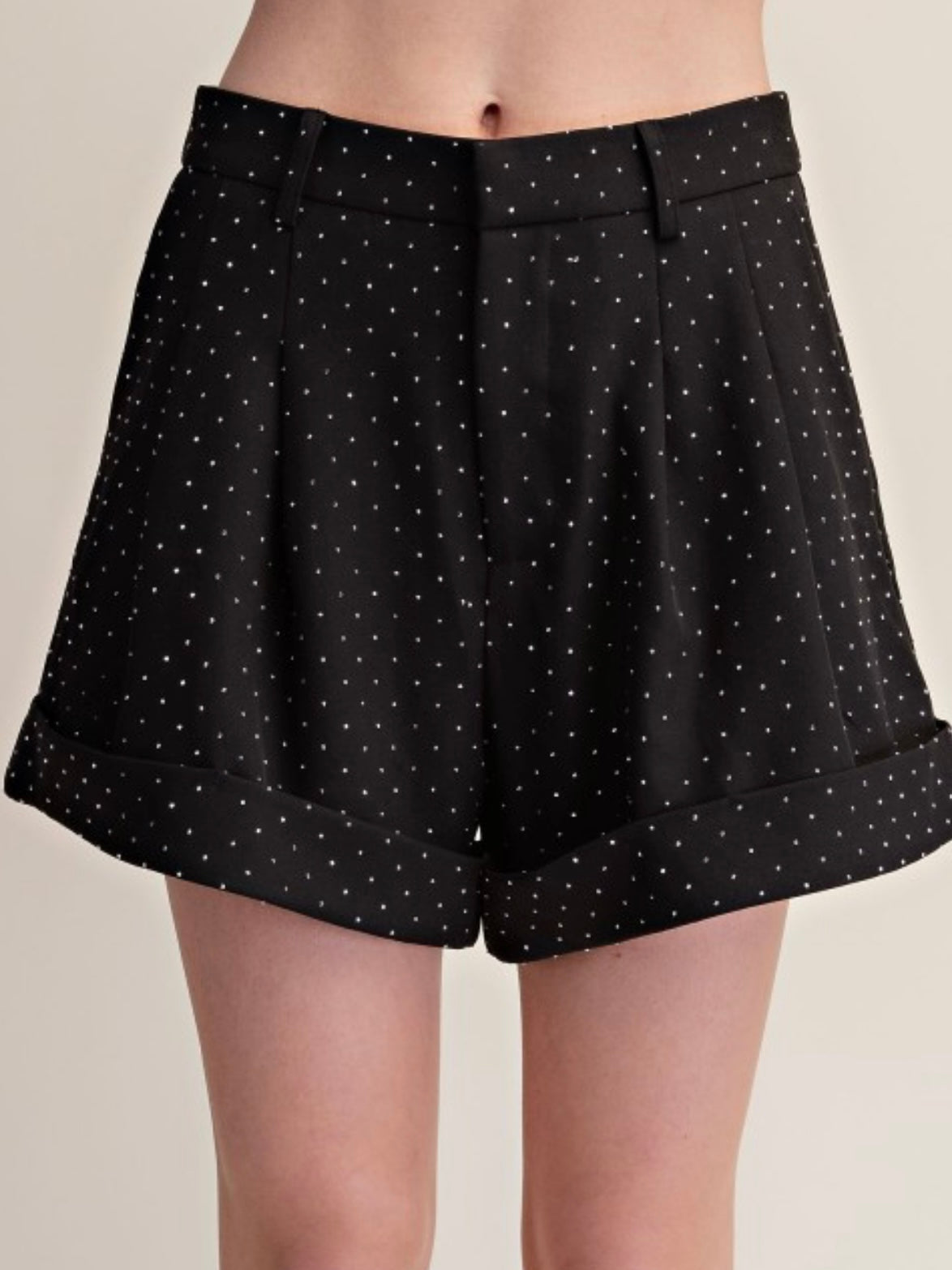 Rhinestone Cuffed Pleated Trouser Shorts