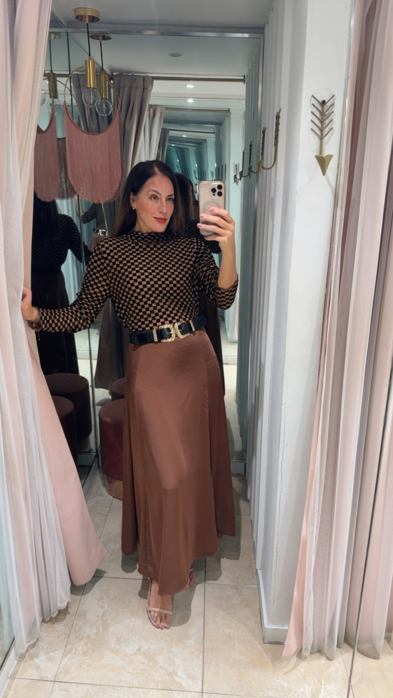 Brown Satin Belted Maxi Skirt