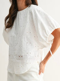 White Floral Embroidered Short Sleeve Blouse