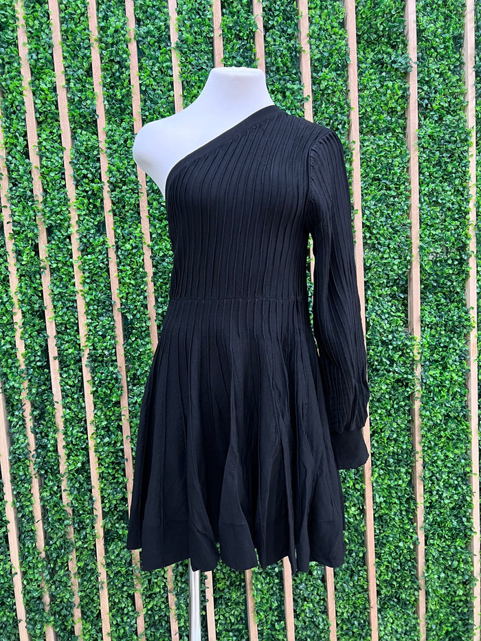 Black Rib Knit One Shoulder Swing Dress