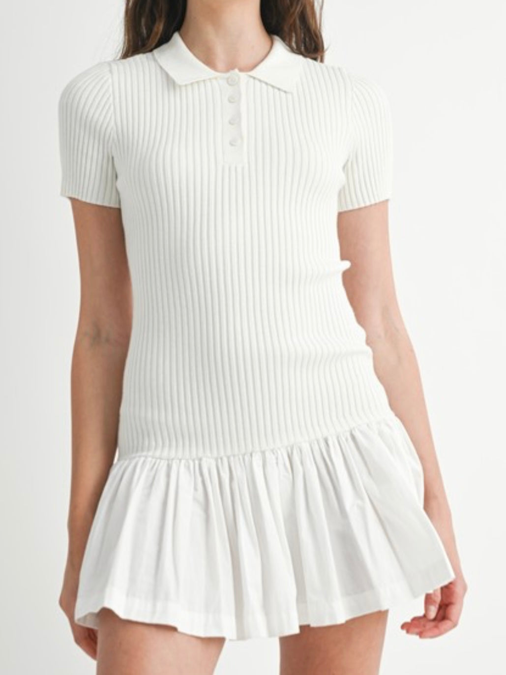 Off White Polo Knit Short Sleeve Drop Waist Dress
