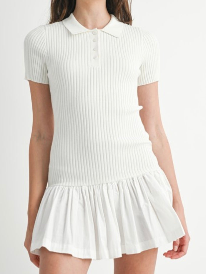Off White Polo Knit Short Sleeve Drop Waist Dress