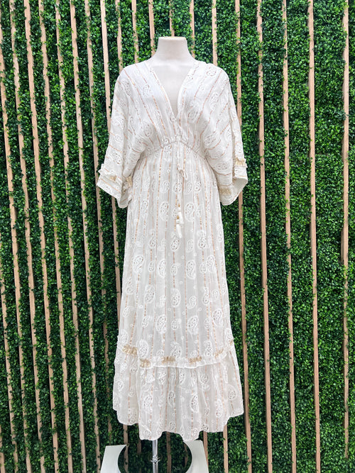White Gold Detail Tiered Kimono Maxi Dress