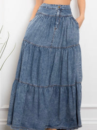Chambray Denim Tiered Maxi Skirt