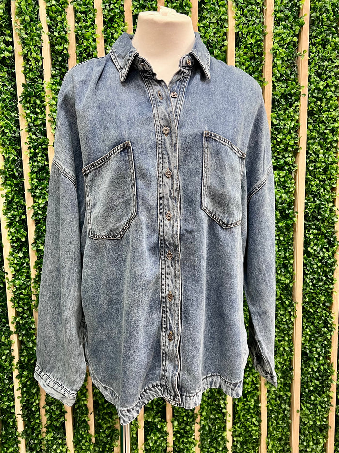 Washed Chambray Button Down Blouse