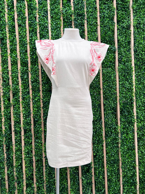 Beige Embroidered Short Dress