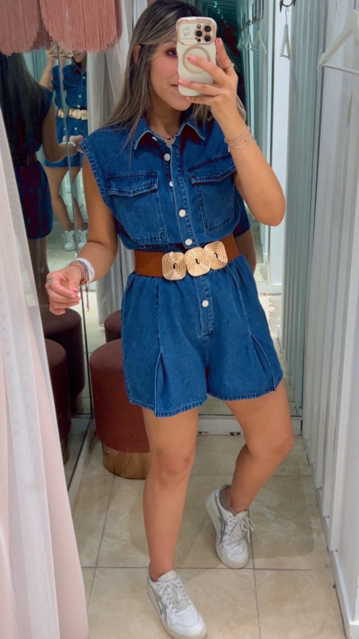 Sleeveless Collared Denim Romper