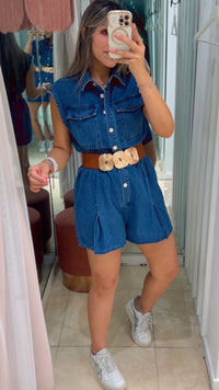 Sleeveless Collared Denim Romper