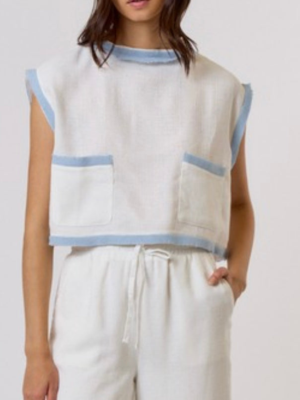 Ivory Blue Textured Pocket Detail Blouse