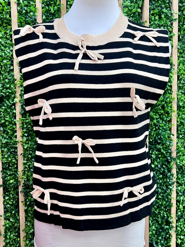 Stripe Contrast Ribbon Sleeveless Sweater Top
