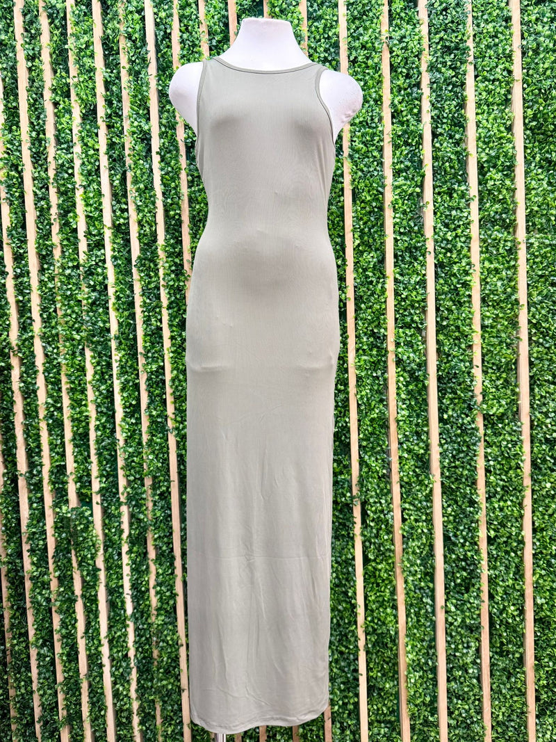 Fade Olive Scoop Back Maxi Tank Ribbed Dress