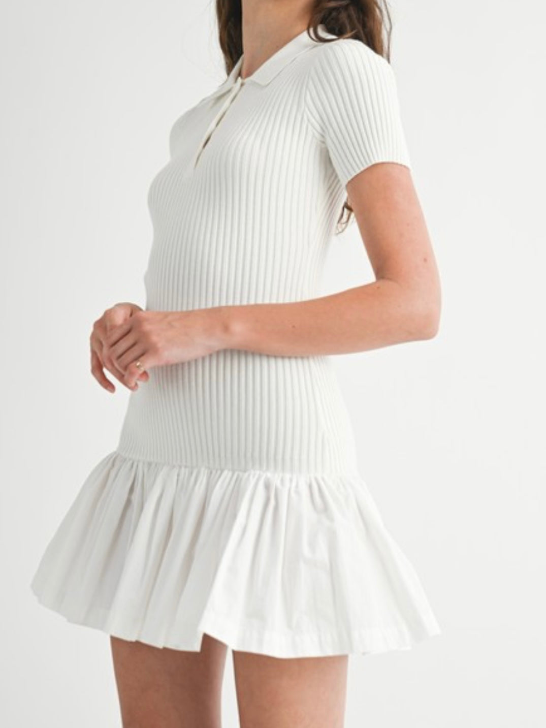 Off White Polo Knit Short Sleeve Drop Waist Dress