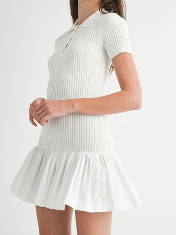 Off White Polo Knit Short Sleeve Drop Waist Dress