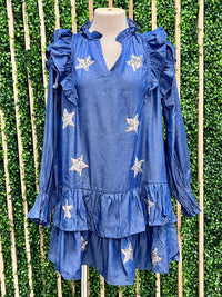 Sparkly Star Ruffled Dropwaist Denim Dress